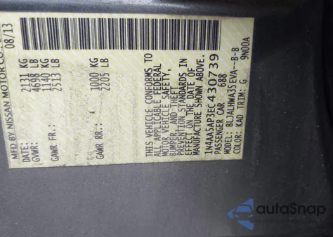 2014 Nissan Maxima 3.5 Sv z USA, uszkodzony, nr VIN 1N4AA5AP3EC430739